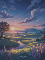 Golden Hour Serenity: Ethereal Sunset River Valley