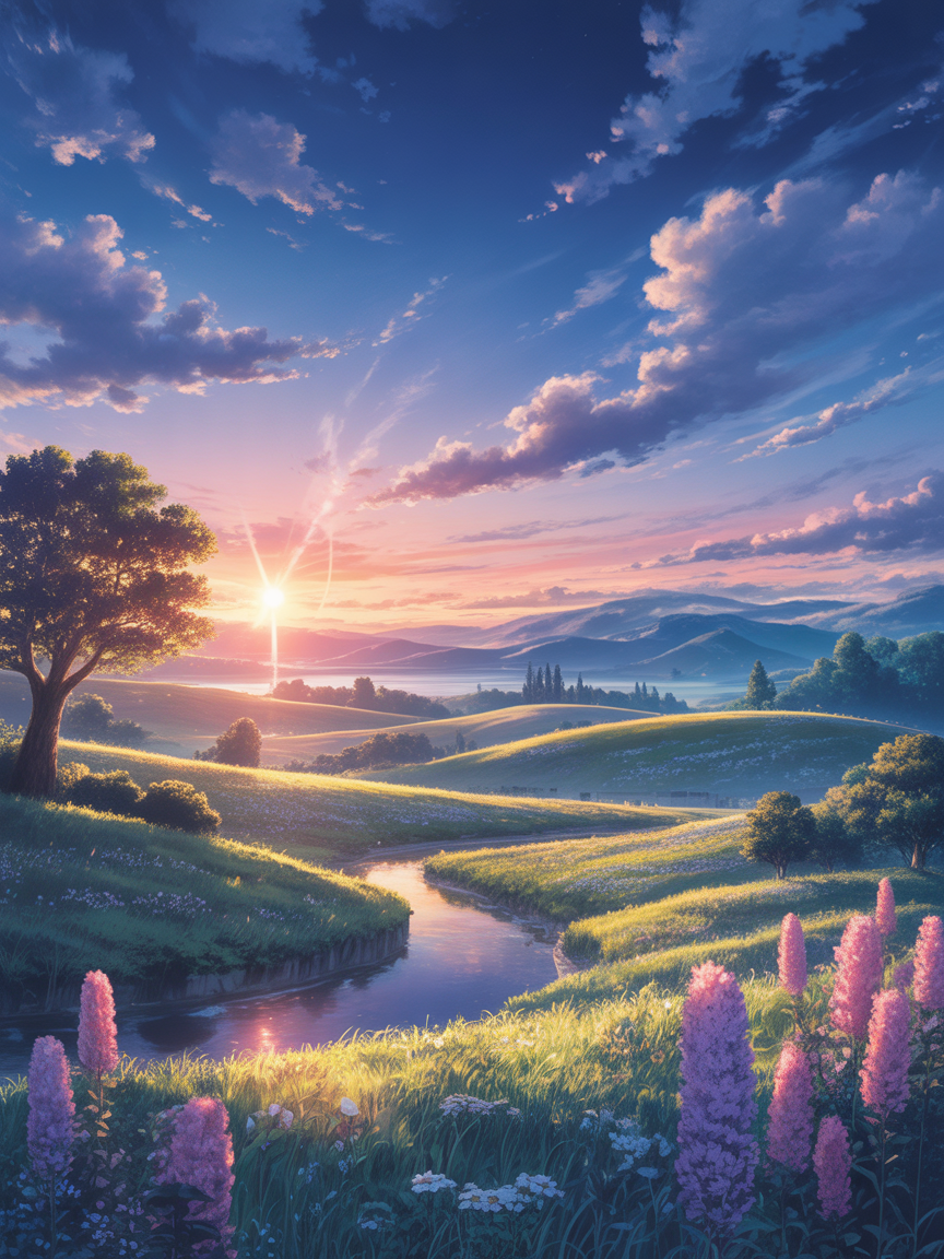 Golden Hour Serenity: Ethereal Sunset River Valley