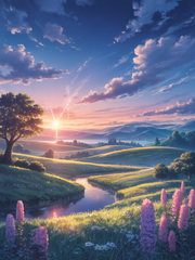 Golden Hour Serenity: Ethereal Sunset River Valley