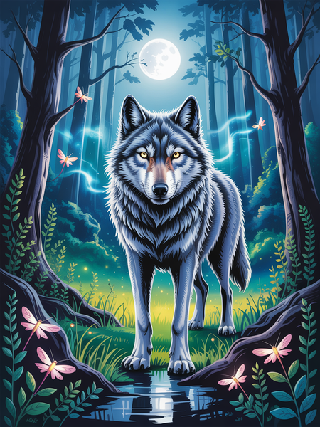 Mystic Guardian: Spirit Wolf Moonlit Forest